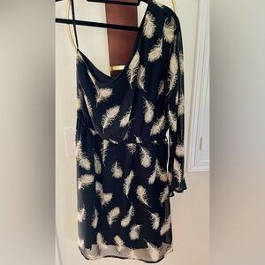 Blue Rain Black Long- One Sleeve Dress with Cream Feather Print